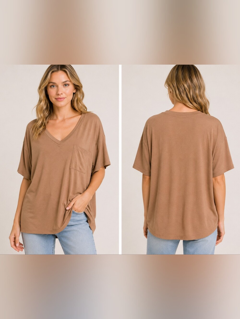 Zenana Over Oversized V-Neck Pocket Tee | Camel | Relaxed Oversized Fit